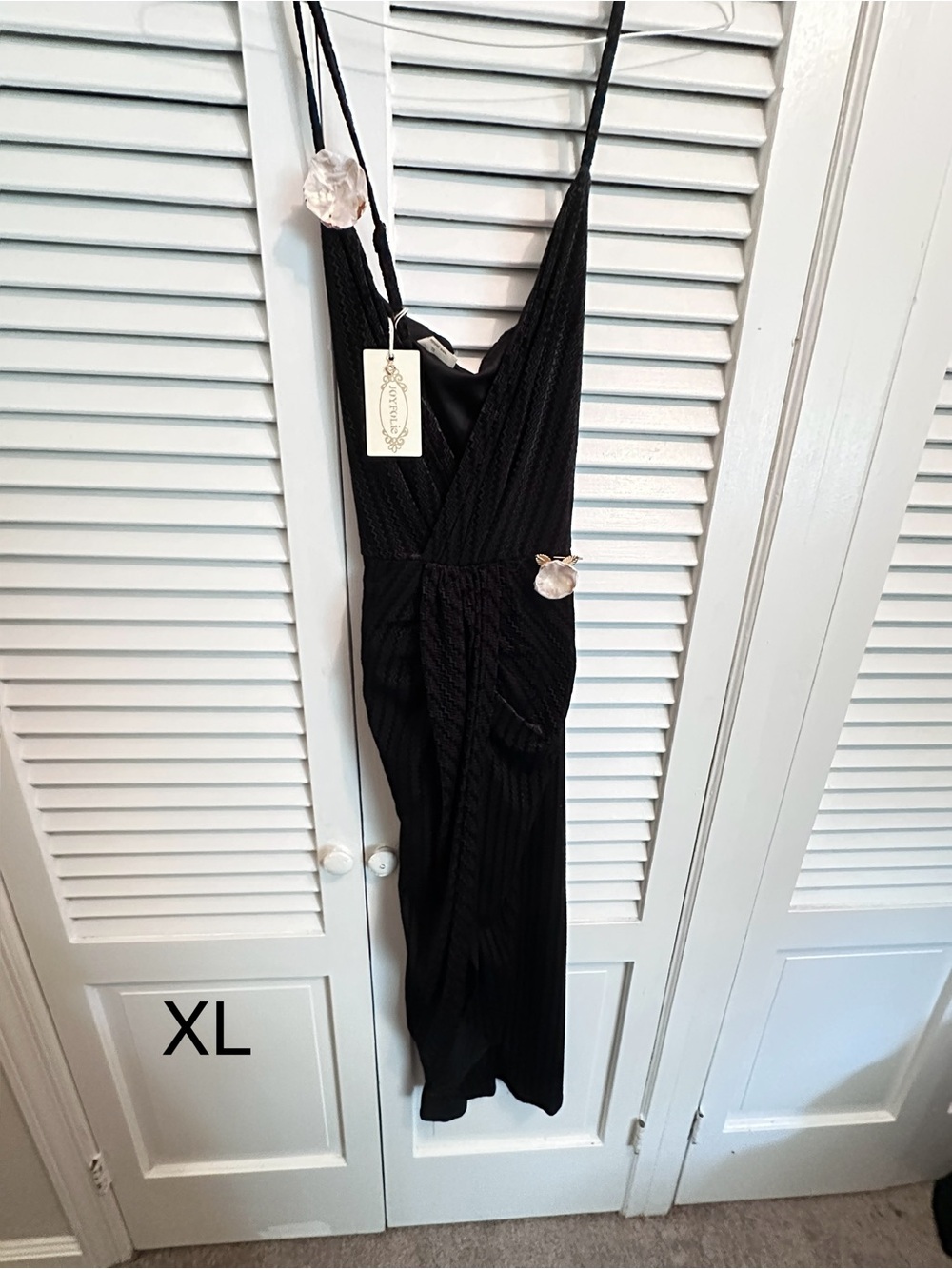 Joyfolie Black V-Neck Midi Dress with Thin Straps